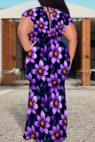 Purple Short Sleeve V Neck Strap Design Lace Up Plus Size Loose Casual Vacation Maxi Dresses