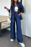 White Zipper Long Sleeve Buttons Pocket Cargo Jackets And Wide Leg Pants Vacation Casual Two Pieces Trouser Sets