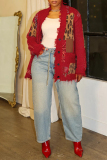Red Long Sleeve Knitted Cardigan Pocket Casual Fall Winter Sweater Outerwear
