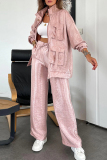 White Zipper Long Sleeve Buttons Pocket Cargo Jackets And Wide Leg Pants Vacation Casual Two Pieces Trouser Sets