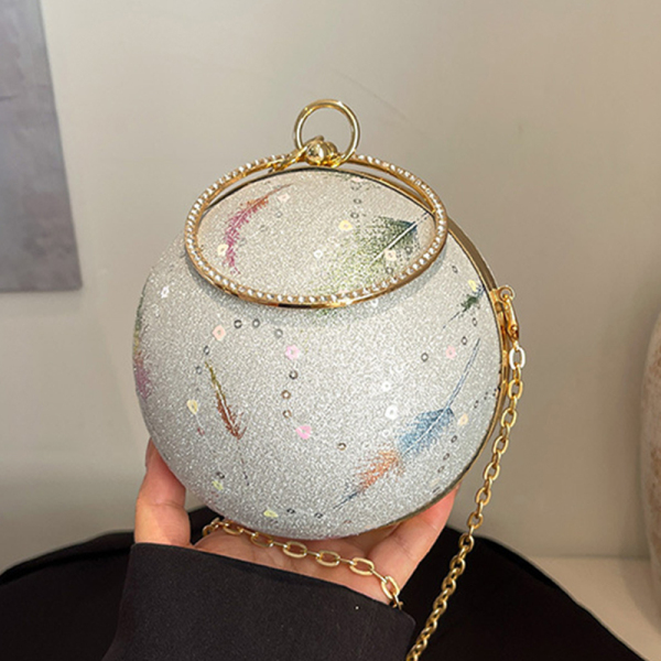 Pink Sequins Round Clutch Purse Beaded Handle Evening Wear Glitter Crossbody Handbag