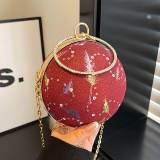 Pink Sequins Round Clutch Purse Beaded Handle Evening Wear Glitter Crossbody Handbag
