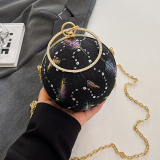 Pink Sequins Round Clutch Purse Beaded Handle Evening Wear Glitter Crossbody Handbag