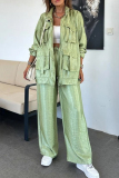 White Zipper Long Sleeve Buttons Pocket Cargo Jackets And Wide Leg Pants Vacation Casual Two Pieces Trouser Sets
