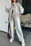 White Zipper Long Sleeve Buttons Pocket Cargo Jackets And Wide Leg Pants Vacation Casual Two Pieces Trouser Sets