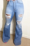 Light Blue Casual Distressed Plus Size Ripped Flare Leg Jeans