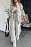 White Zipper Long Sleeve Buttons Pocket Cargo Jackets And Wide Leg Pants Vacation Casual Two Pieces Trouser Sets