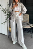 White Zipper Long Sleeve Buttons Pocket Cargo Jackets And Wide Leg Pants Vacation Casual Two Pieces Trouser Sets