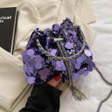 Silver Sequin Chain Drawstring Bucket Evening Party Mini Glitter Crossbody Bag