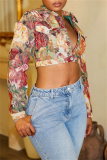 Multicolor Jacquard Turndown Collar Long Sleeve Buttons Vacation Casual Crop Jackets