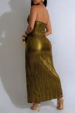 Gold Deep V-Neck Sleeveless Backless Side Zip High Slit Night Out Halter Metallic Maxi Dress