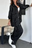White Zipper Long Sleeve Buttons Pocket Cargo Jackets And Wide Leg Pants Vacation Casual Two Pieces Trouser Sets