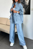 White Zipper Long Sleeve Buttons Pocket Cargo Jackets And Wide Leg Pants Vacation Casual Two Pieces Trouser Sets