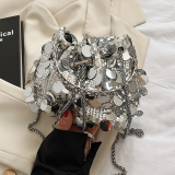 Silver Sequin Chain Drawstring Bucket Evening Party Mini Glitter Crossbody Bag