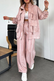 White Zipper Long Sleeve Buttons Pocket Cargo Jackets And Wide Leg Pants Vacation Casual Two Pieces Trouser Sets