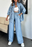 White Zipper Long Sleeve Buttons Pocket Cargo Jackets And Wide Leg Pants Vacation Casual Two Pieces Trouser Sets