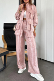 White Zipper Long Sleeve Buttons Pocket Cargo Jackets And Wide Leg Pants Vacation Casual Two Pieces Trouser Sets