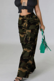 Camouflage Print Pocket High Waist Casual Straight Wide Leg Cargo Pants