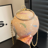 Pink Sequins Round Clutch Purse Beaded Handle Evening Wear Glitter Crossbody Handbag
