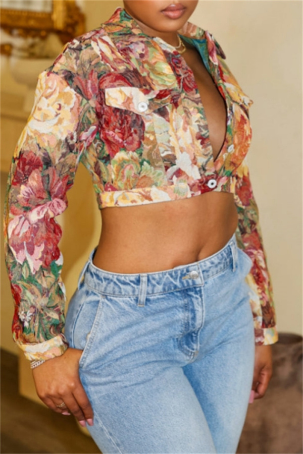 Multicolor Jacquard Turndown Collar Long Sleeve Buttons Vacation Casual Crop Jackets
