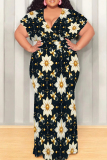 Purple Short Sleeve V Neck Strap Design Lace Up Plus Size Loose Casual Vacation Maxi Dresses