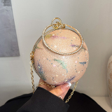 Pink Sequins Round Clutch Purse Beaded Handle Evening Wear Glitter Crossbody Handbag
