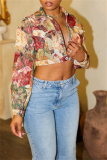 Multicolor Jacquard Turndown Collar Long Sleeve Buttons Vacation Casual Crop Jackets