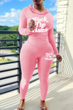 Black Letter Print Long Sleeve Hooded Sweatshirt And Draw String Skinny Pants Casual Sportwear Two Pieces Jogger Sets