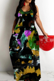 Rose Red Floral Print Sleeveless Backless Spaghetti Strap Floor Length Vacation Baggy Sundress Slip Maxi Dress