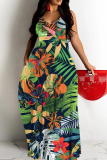 Rose Red Floral Print Sleeveless Backless Spaghetti Strap Floor Length Vacation Baggy Sundress Slip Maxi Dress