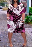Colorful Casual Graphics Print Pocket V Neck Short Sleeve Loose Straight Midi Dresses