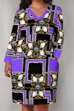 Blue Boho Newspaper Chain Print Pocket V Neck Long Sleeve Casual Outing Plus Size Midi Dresses