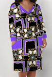 Blue Boho Newspaper Chain Print Pocket V Neck Long Sleeve Casual Outing Plus Size Midi Dresses