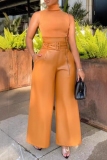 Orange High Waist With Belt Casual PU Leather Wide Leg Pants