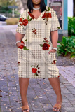 Colorful Casual Graphics Print Pocket V Neck Short Sleeve Loose Straight Midi Dresses