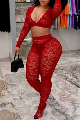 Red V Neck Long Sleeve See-Through Lace Crop Tops And Skinny Pants Night Club Two Pieces Trouser Sets