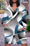 Orange Blue Casual Graphics Print Pocket V Neck Long Sleeve Loose Straight Midi Dresses