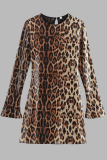 Leopard Print Sequins O Neck Long Sleeve Casual Night Club Shimmer Mini Dresses
