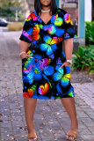 Red Green Graphics Print V Neck Short Sleeve Pocket Casual Loose Straight Midi Dresses