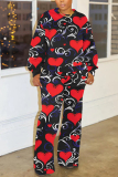Black Red Heart Lips Print O Neck Long Sleeve Sweatshirt and Skinny Pants Sportwear Plus Size Matching Sweatsuit Set