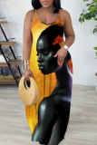 Orange Khaki Figure Print Sleeveless Backless Spaghetti Strap Floor Length Vacation Baggy Sundress Slip Maxi Dress