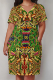 Green Purple Poker Geometric Print V Neck Short Sleeve Women's Casual Outing Straight Loose Fit Plus Size Tunic Midi Dress with Pocket