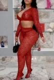 Red V Neck Long Sleeve See-Through Lace Crop Tops And Skinny Pants Night Club Two Pieces Trouser Sets