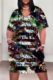 Green Leopard Flowers Letter Print V Neck Short Sleeve Women's Casual Outing Straight Loose Fit Oversized Tunic Midi Dress with Pocket