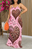 Pink Leopard Heart Pattern Print Sleeveless O Neck Casual Vacation Baggy Sundress Maxi Slip Dresses