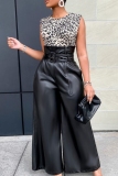 Orange High Waist With Belt Casual PU Leather Wide Leg Pants