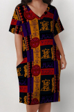 Green Purple Poker Geometric Print V Neck Short Sleeve Women's Casual Outing Straight Loose Fit Plus Size Tunic Midi Dress with Pocket
