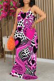 Pink Leopard Heart Pattern Print Sleeveless O Neck Casual Vacation Baggy Sundress Maxi Slip Dresses