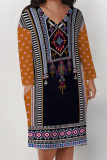 Brown Boho Geometric Flowers Print Pocket V Neck Long Sleeve Casual Outing Plus Size Midi Dresses