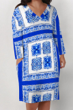 Blue Boho Newspaper Chain Print Pocket V Neck Long Sleeve Casual Outing Plus Size Midi Dresses